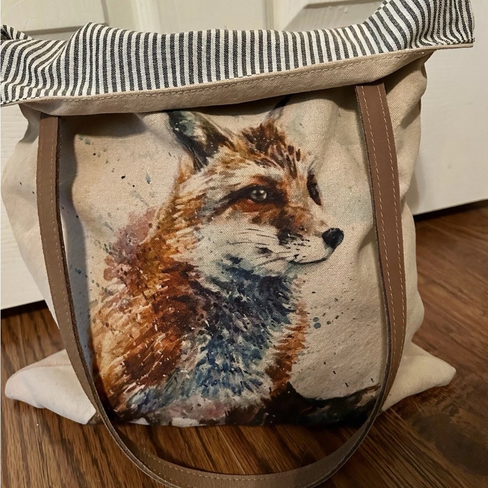 Fox Print Canvas Tote Bag - Brown and Cream - Picture 2 of 3